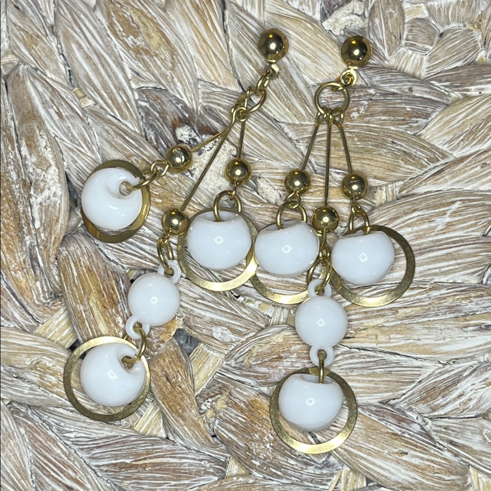 Vintage Gold Tone and White Bead Waterfall Dangle‎ Earrings